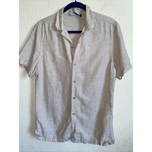 ASOS DESIGN Linen Button Men Short Sleeve Shirt  boxy oversized Small Khaki - Picture 1 of 4